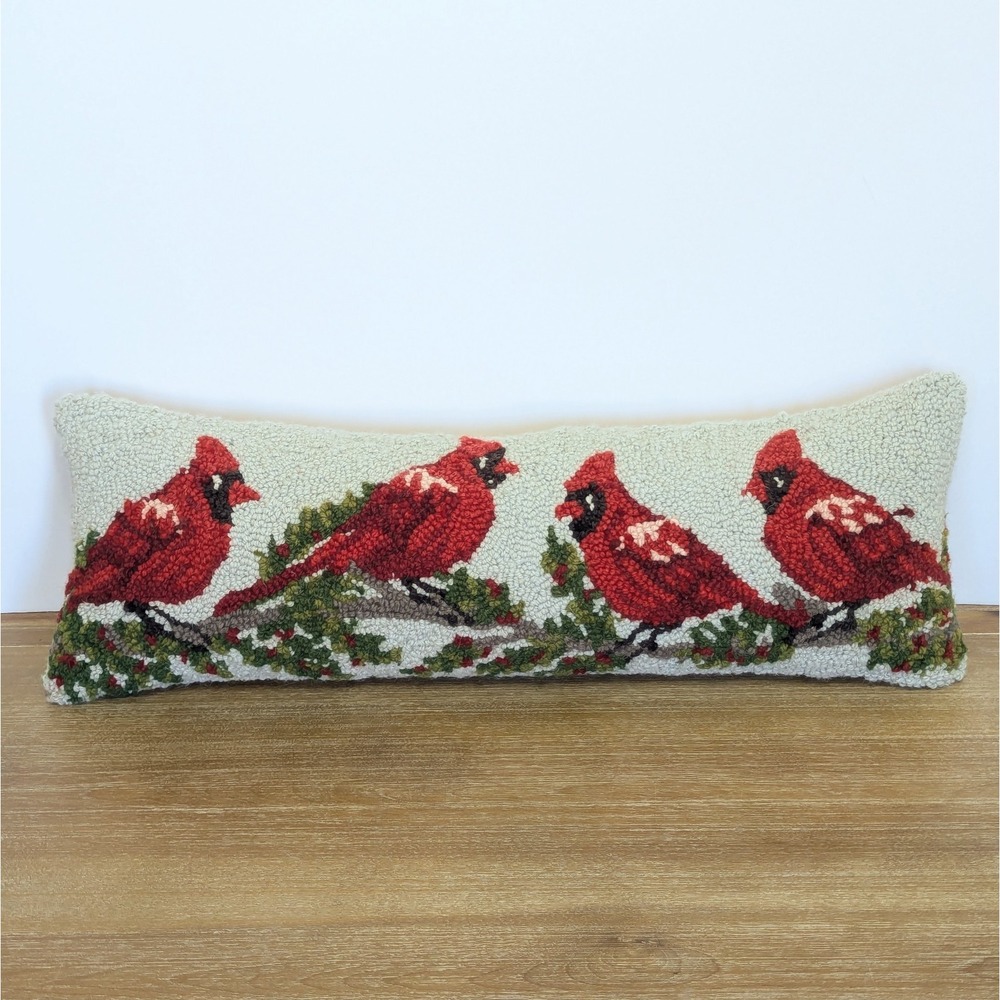 Cardinals Red Birds Wool Latch Hook Velvet Lumbar Decorative Pillow 24" w/Zipper